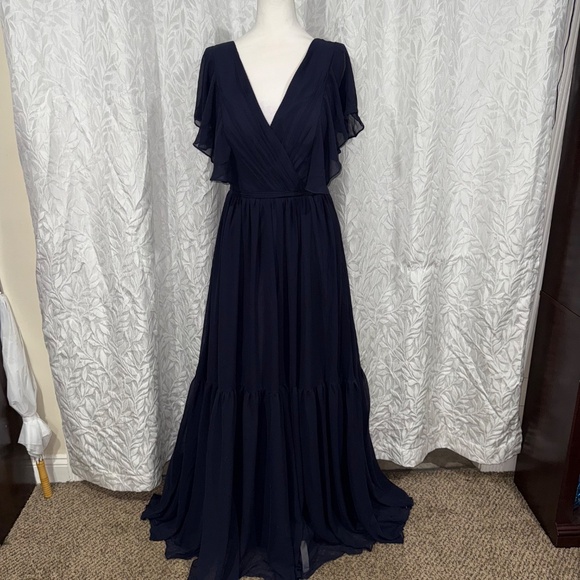 AW. BRIDAL navi blue v neck and v back size 12 formal flowy lightweight dress - Picture 1 of 11